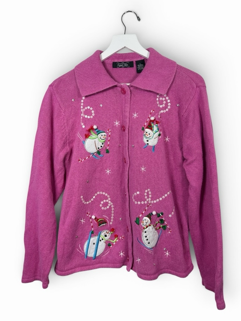 Vintage Hot Pink Snowman Sking Button-front Cardigan Knit Sweater W2455 Sz L